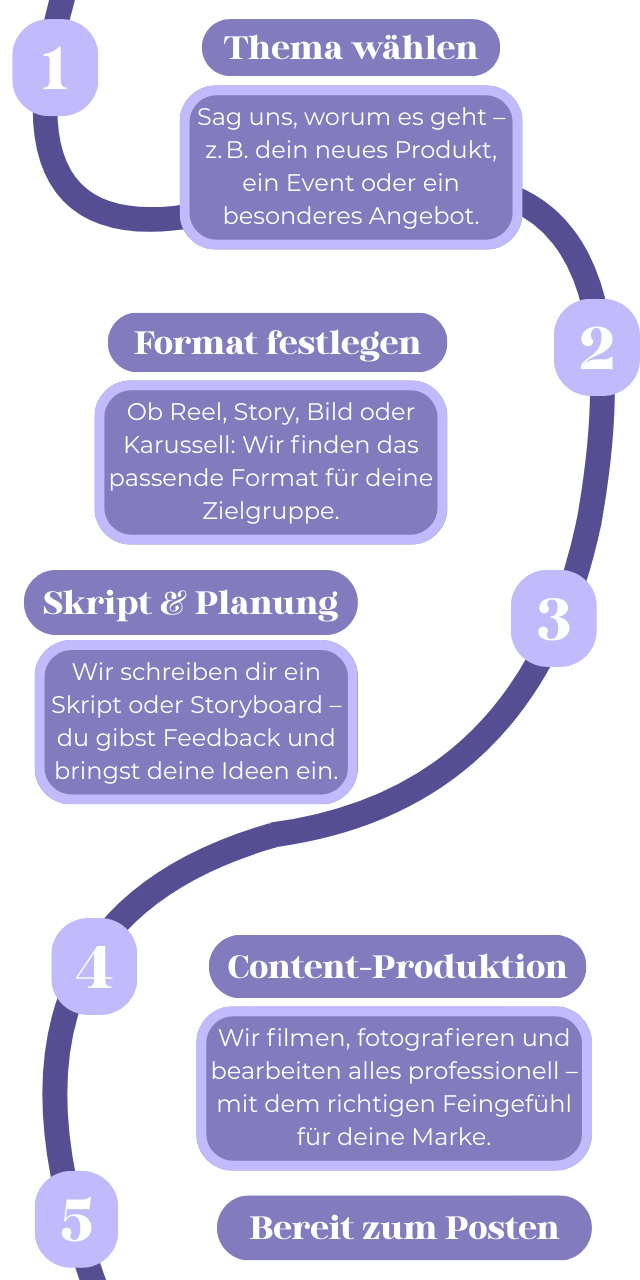 Diagramm mit den einzelnen Schritten: Thema auswählen, Format festlegen, Skript und Plan erstellen, Inhalte produzieren, bereit zum Veröffentlichen.