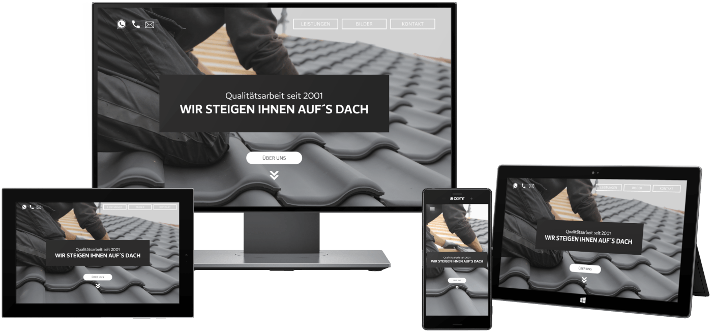 Die Website wird auf Desktop-Computern, Tablets und Mobilgeräten angezeigt und zeigt ein Dachdecker-Thema.