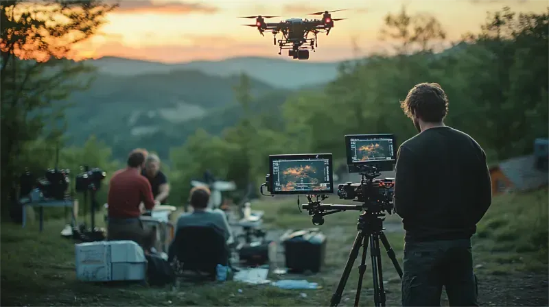 Drohnenaufnahmen in einer Berglandschaft bei Sonnenuntergang. Eine Person überwacht die Aufnahmen auf zwei Bildschirmen, während andere zusehen.