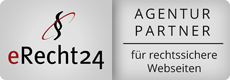 Logo für eRecht24, Rechtsdienst für Webseiten. Enthält ein stilisiertes Absatzsymbol und deutschen Text.