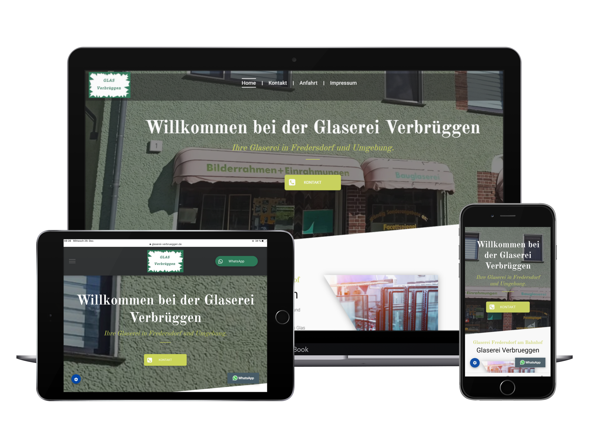 Webdesign für die Glaserei Verbrüggen auf Laptop, Tablet und Smartphone.