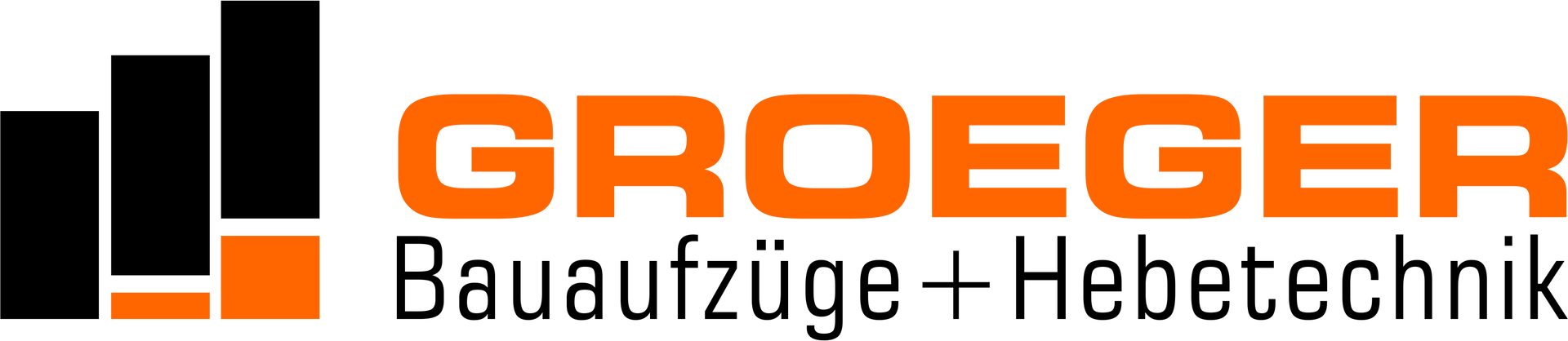 Logo für GROEGER Bauaufzüge + Hebetechnik in Orange und Schwarz. Balkengrafik links.