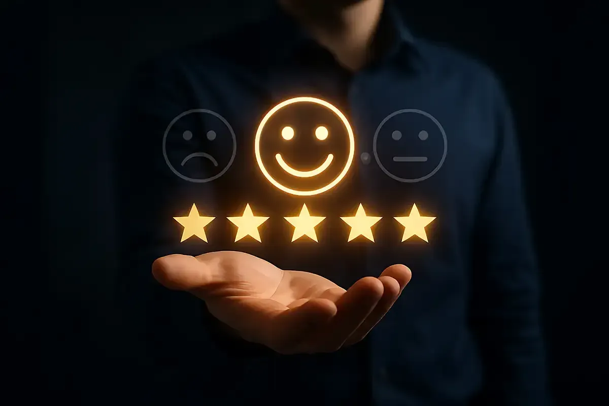 Eine Hand hält leuchtende Emojis von lächelnden Gesichtern und Sternen, die positives Feedback symbolisieren.
