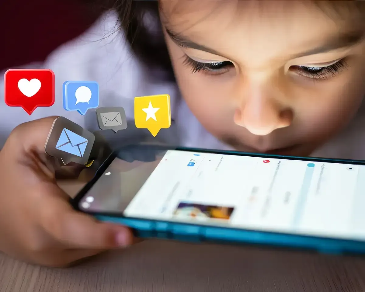 Ein Kind schaut konzentriert auf ein Smartphone, neben dem Bildschirm schweben Symbole von Social-Media-Benachrichtigungen.