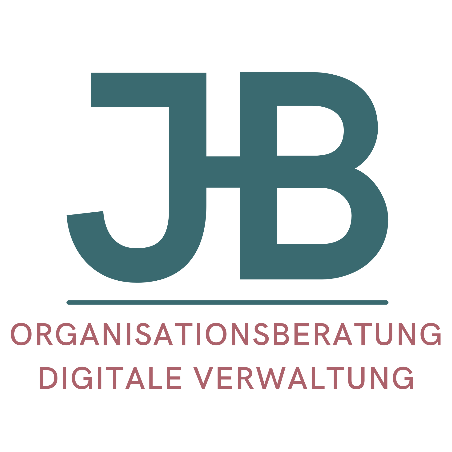 Teal "JB" logo over line. Below, text in burgundy: "Organisationsberatung Digitale Verwaltung".