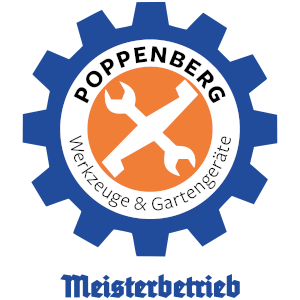 Logo für Poppenberg Werkzeuge & Gartengeräte. Blaues Zahnrad mit weißen Werkzeugen in der orangefarbenen Mitte. Meisterbetrieb-Text unten.