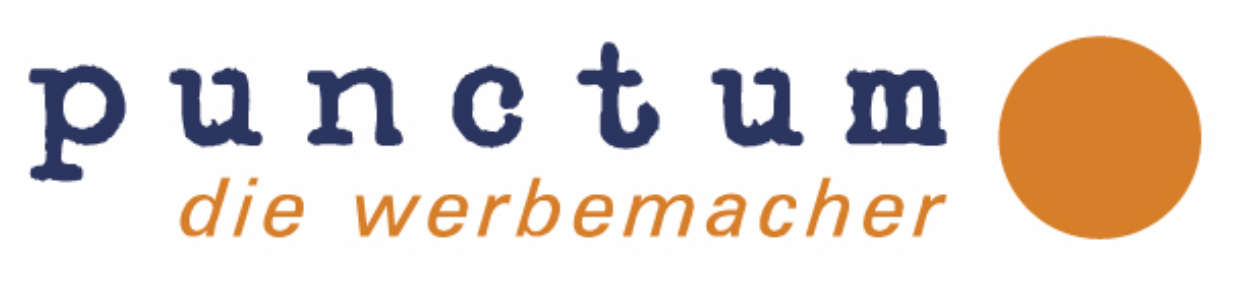 Das „punctum“-Logo besteht aus dunkelblauem Text und einem orangefarbenen Kreis. Darunter befindet sich hellbrauner Text mit der Aufschrift „die Werbemacher“.