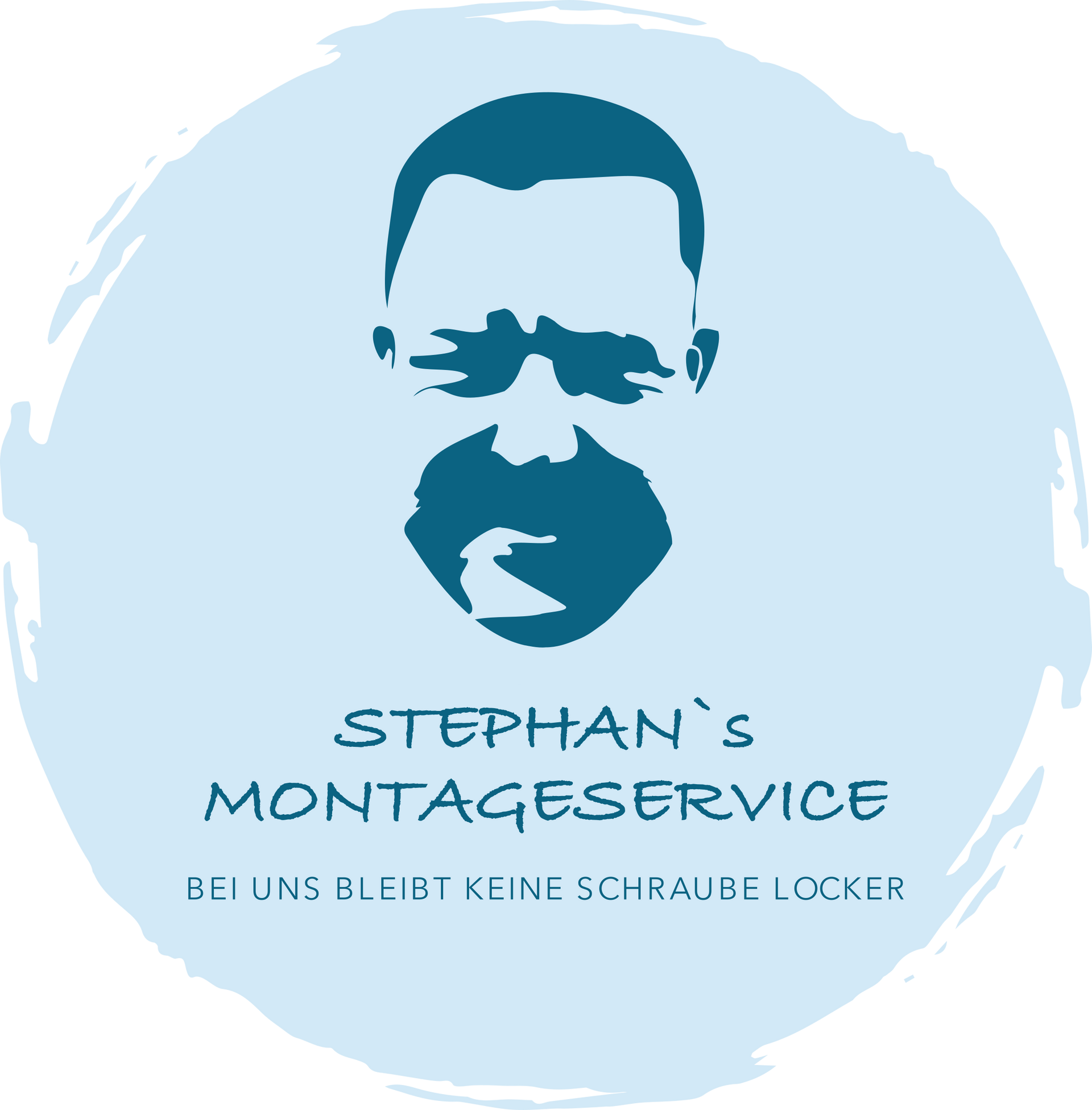 Logo: Silhouette eines Männergesichts in Blau, mit „Stephan’s Montageservice“ und Slogan „Bei uns bleibt keine Schraube locker“ auf hellblauem Hintergrund.