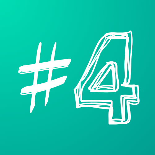 Weißes Hashtag und die Zahl 4 in handgezeichneter Form auf türkisfarbenem Hintergrund.