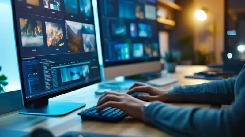 Eine Person bearbeitet Videos an einem Computer mit zwei Bildschirmen, drinnen, an einem Schreibtisch.