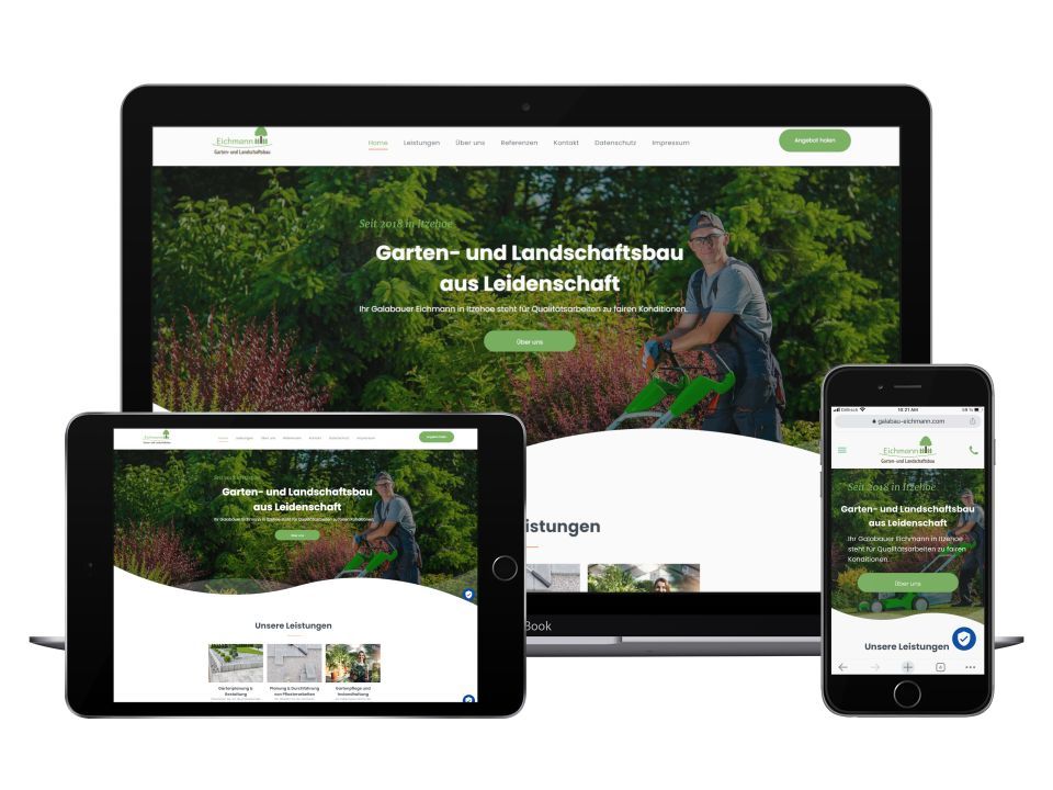 Website-Design-Mockup auf verschiedenen Geräten zur Darstellung von Garten- und Landschaftsgestaltungsdienstleistungen.