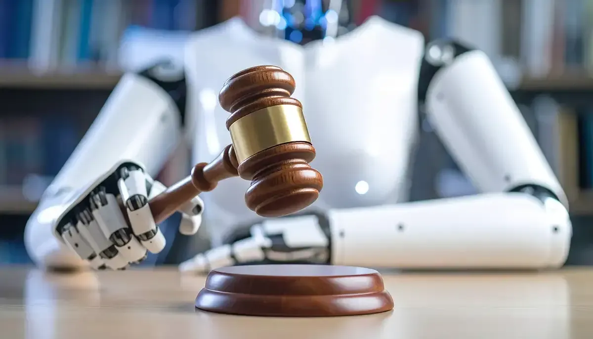 Roboter, der einen Richterhammer hält und bereit ist, auf einen Holzblock in einer Bibliothek zu schlagen.