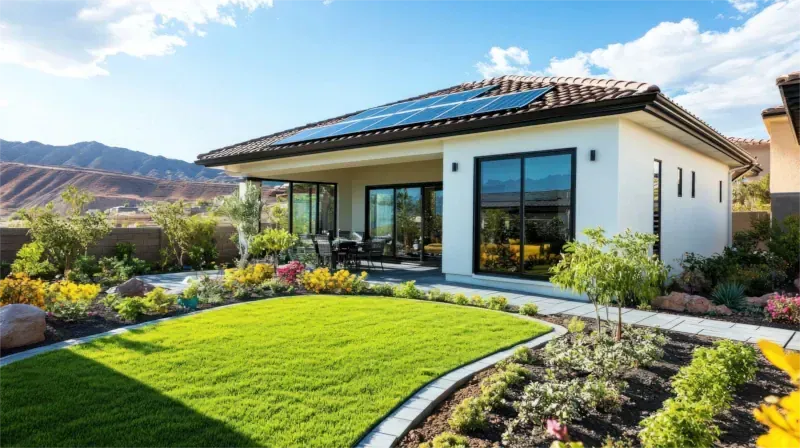 Modernes Haus mit Solarpaneelen auf dem Ziegeldach; Terrasse mit großen Fenstern mit Blick auf einen angelegten Garten.