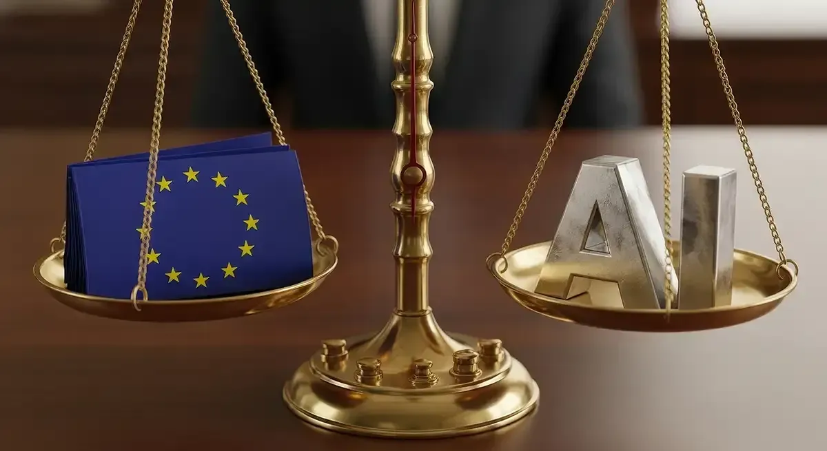 Goldene Waage, die eine Kiste mit EU-Flagge und metallenen „AI“-Buchstaben ausbalanciert und die Regulierung von KI symbolisiert.