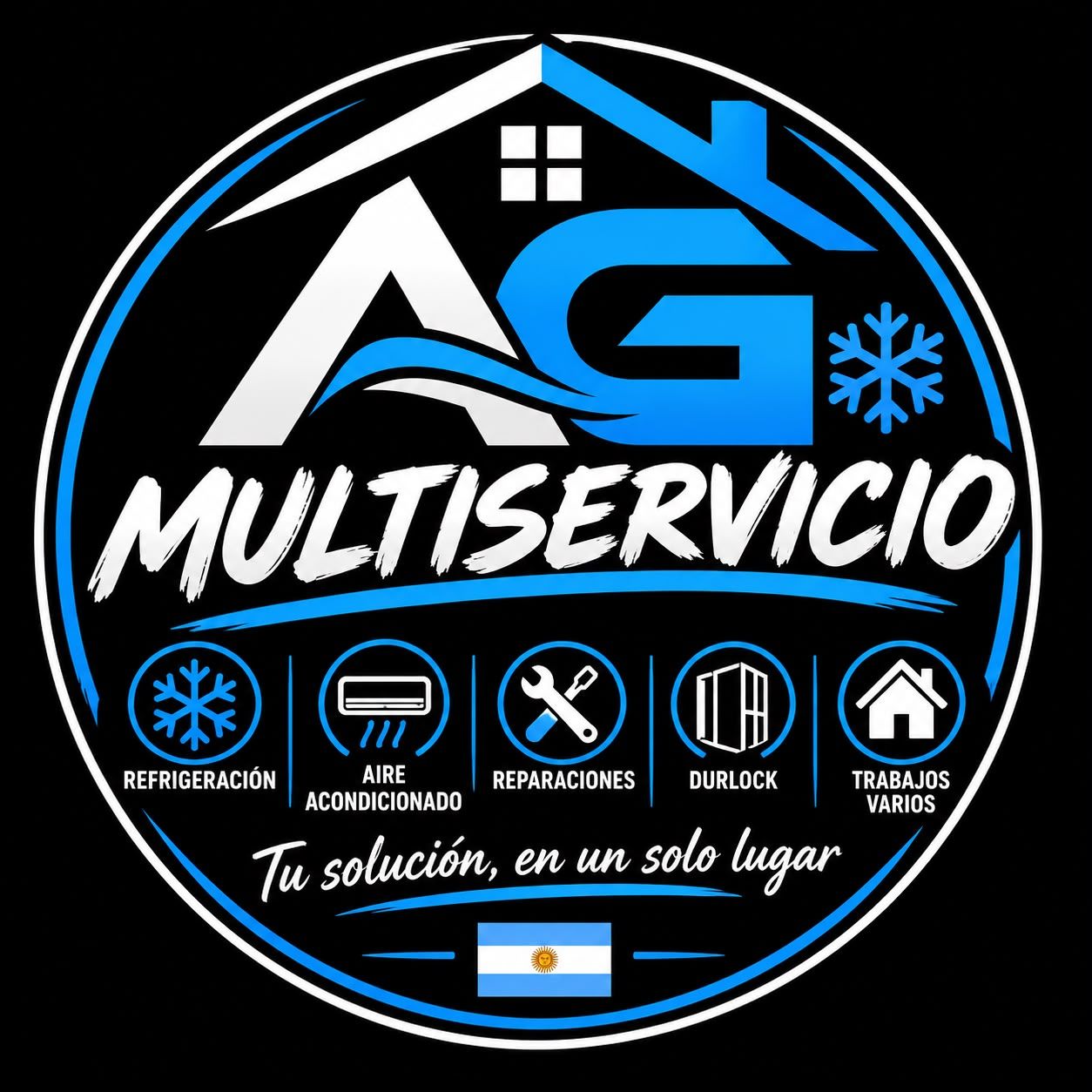 Logotipo circular de AG Multiservicio en negro y azul, con íconos de refrigeración, aire acondicionado y reparaciones.