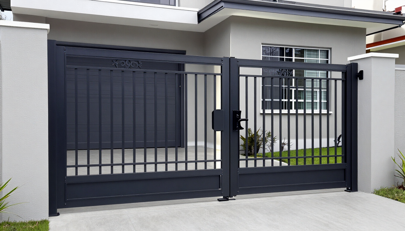 Portón de entrada negro de metal frente a una casa moderna con paredes blancas y una ventana