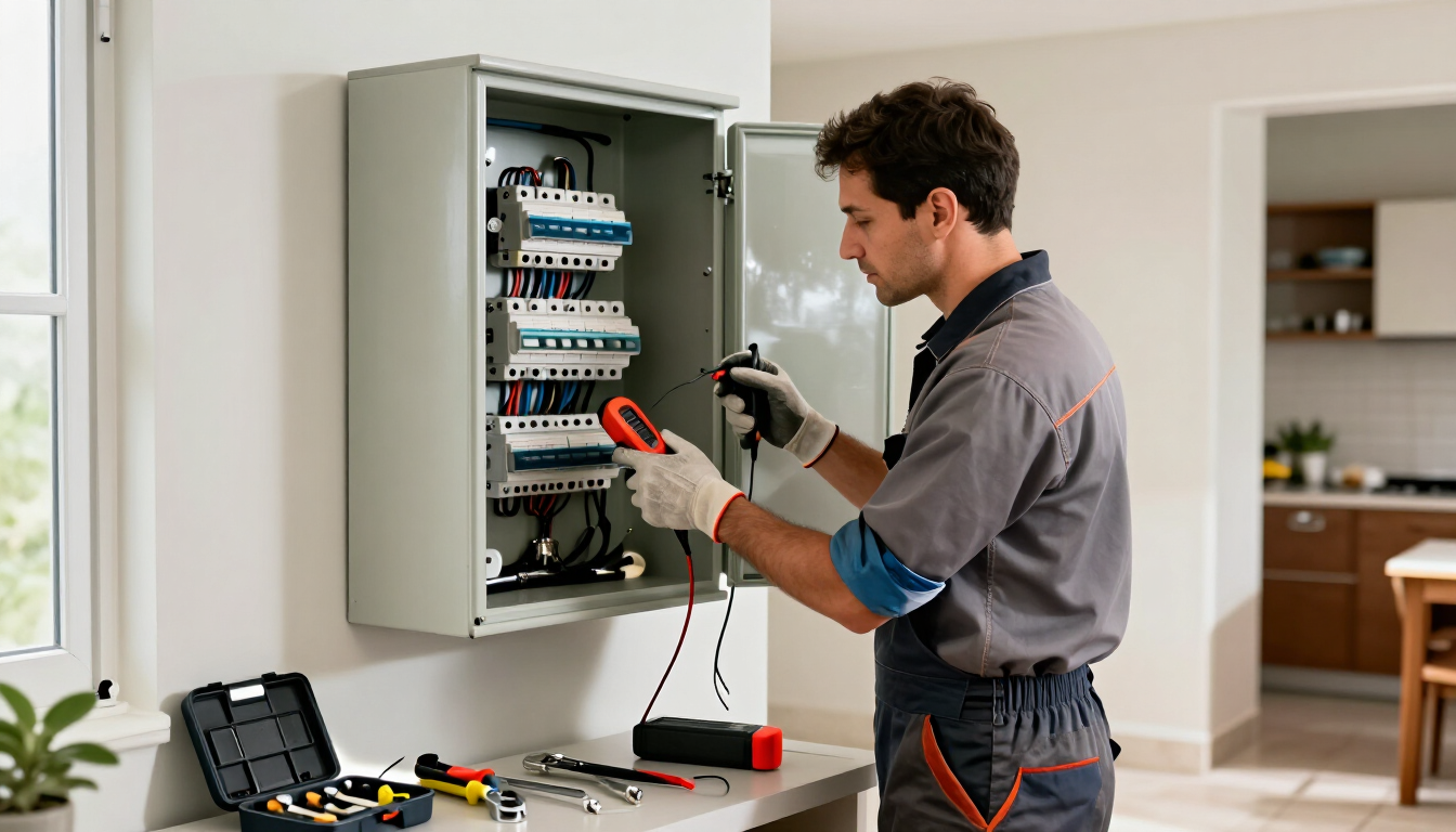 Técnico comprobando el cableado de un cuadro eléctrico abierto con un multímetro en una sala de instalaciones