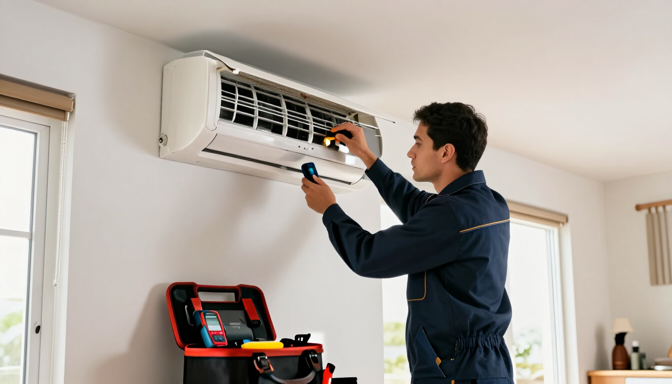 Técnico reparando un aire acondicionado de pared en el interior, con herramientas sobre un carrito de servicio rojo.