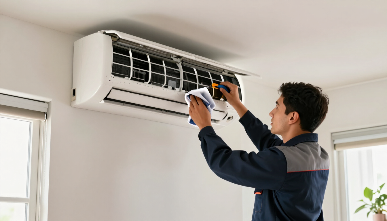 Técnico limpiando con un paño un aire acondicionado de pared en una habitación luminosa