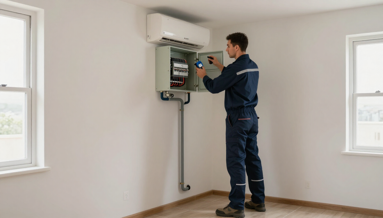 Técnico trabajando en un cuadro eléctrico en una habitación luminosa, junto a una unidad montada en la pared con cables expuestos.