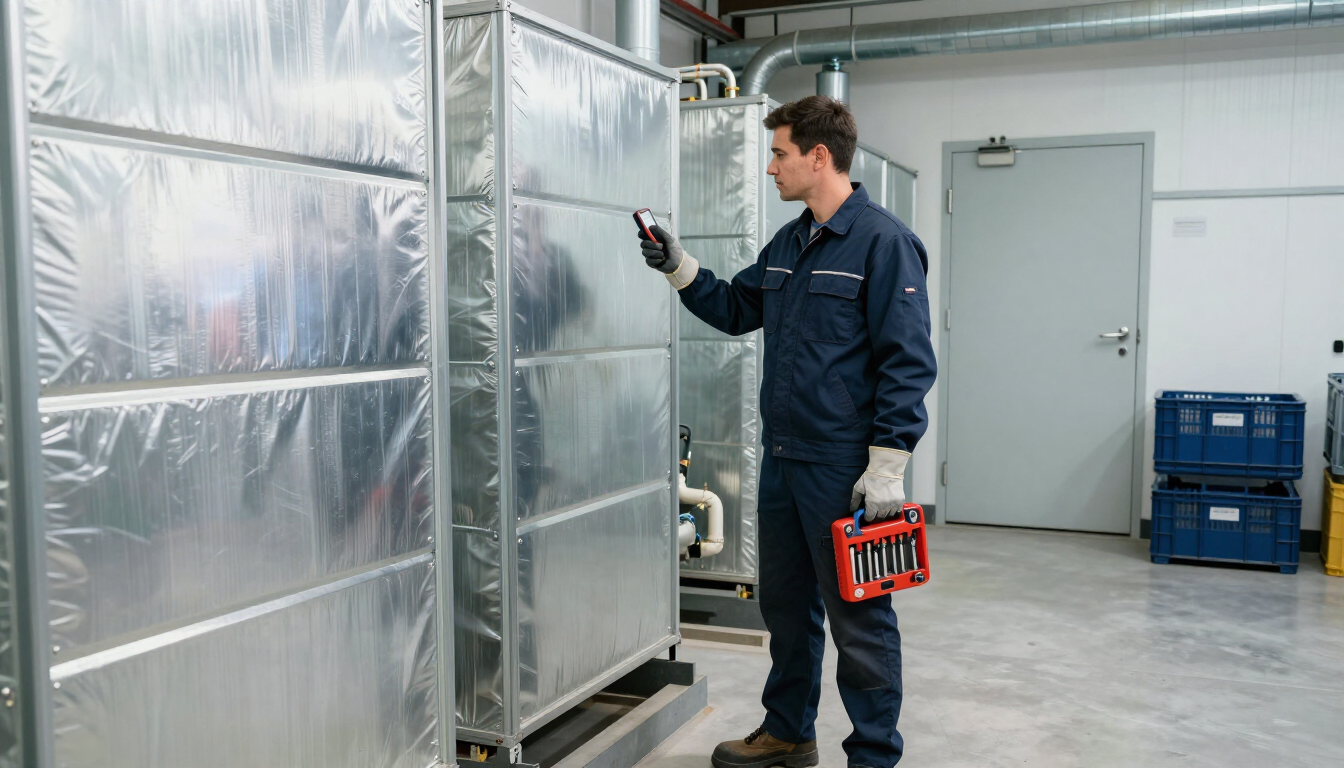 Técnico inspeccionando equipos industriales grandes envueltos en papel de aluminio en una sala de servicios