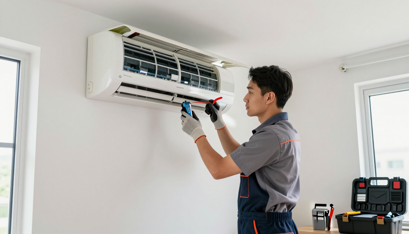 Un técnico reparando un aire acondicionado de pared en una habitación luminosa.