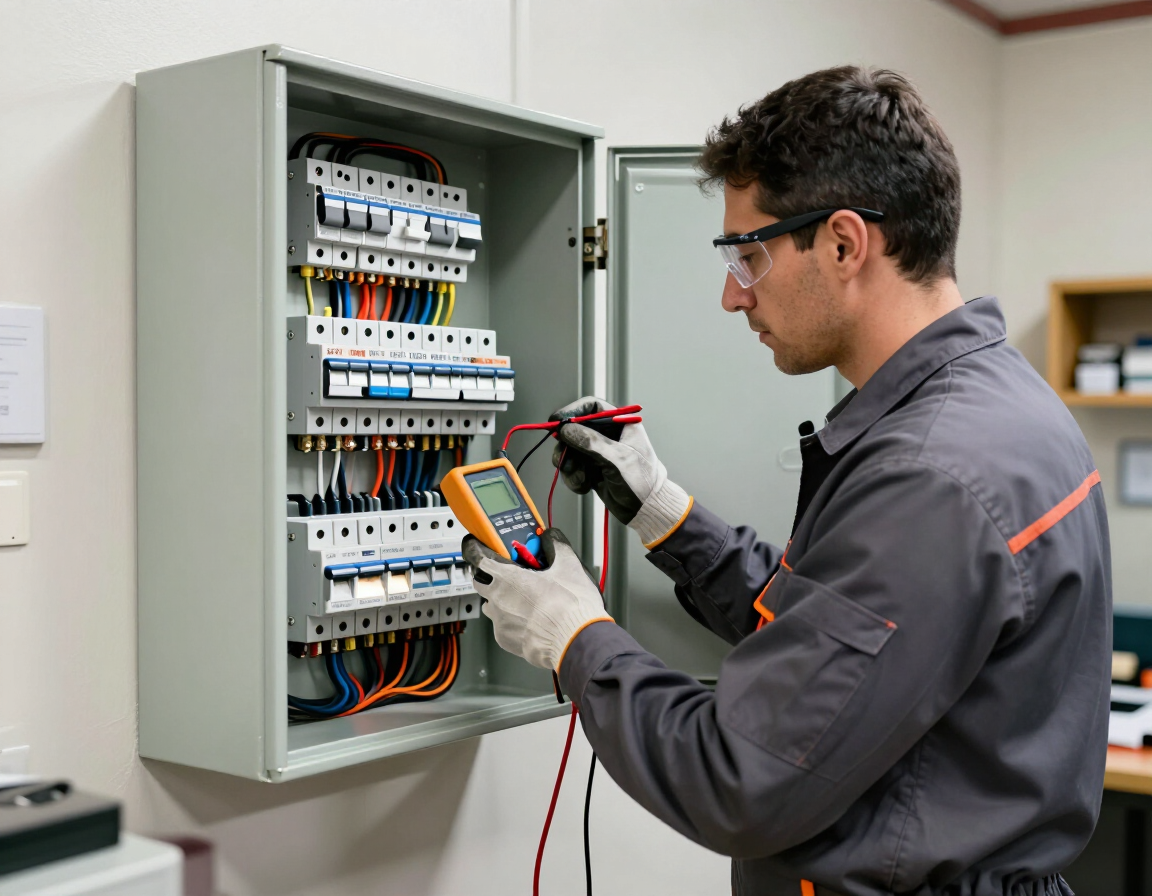 Técnico comprobando un cuadro eléctrico con un multímetro en un taller