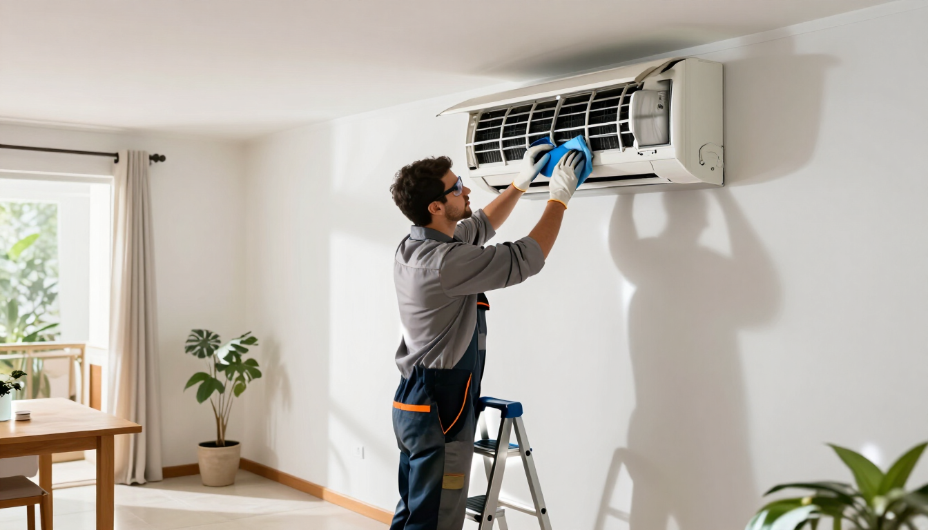 Persona limpiando un aire acondicionado de pared en el interior, con una escalera cerca