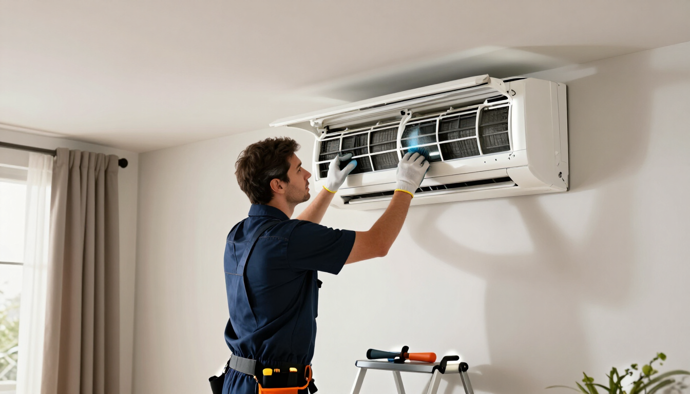 Técnico limpiando un aire acondicionado de pared abierto en el interior, con una escalera cerca
