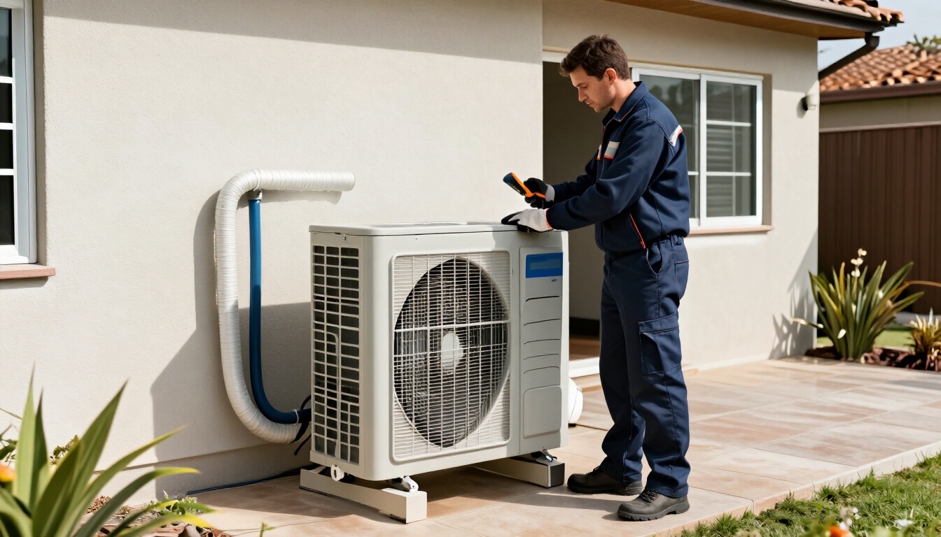 Un técnico revisa una unidad de aire acondicionado exterior junto a una casa.