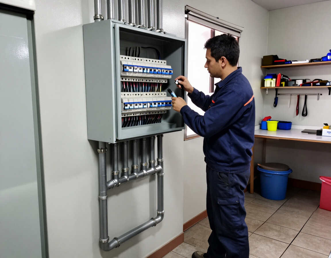 Técnico trabajando en un cuadro eléctrico abierto en una sala de servicios