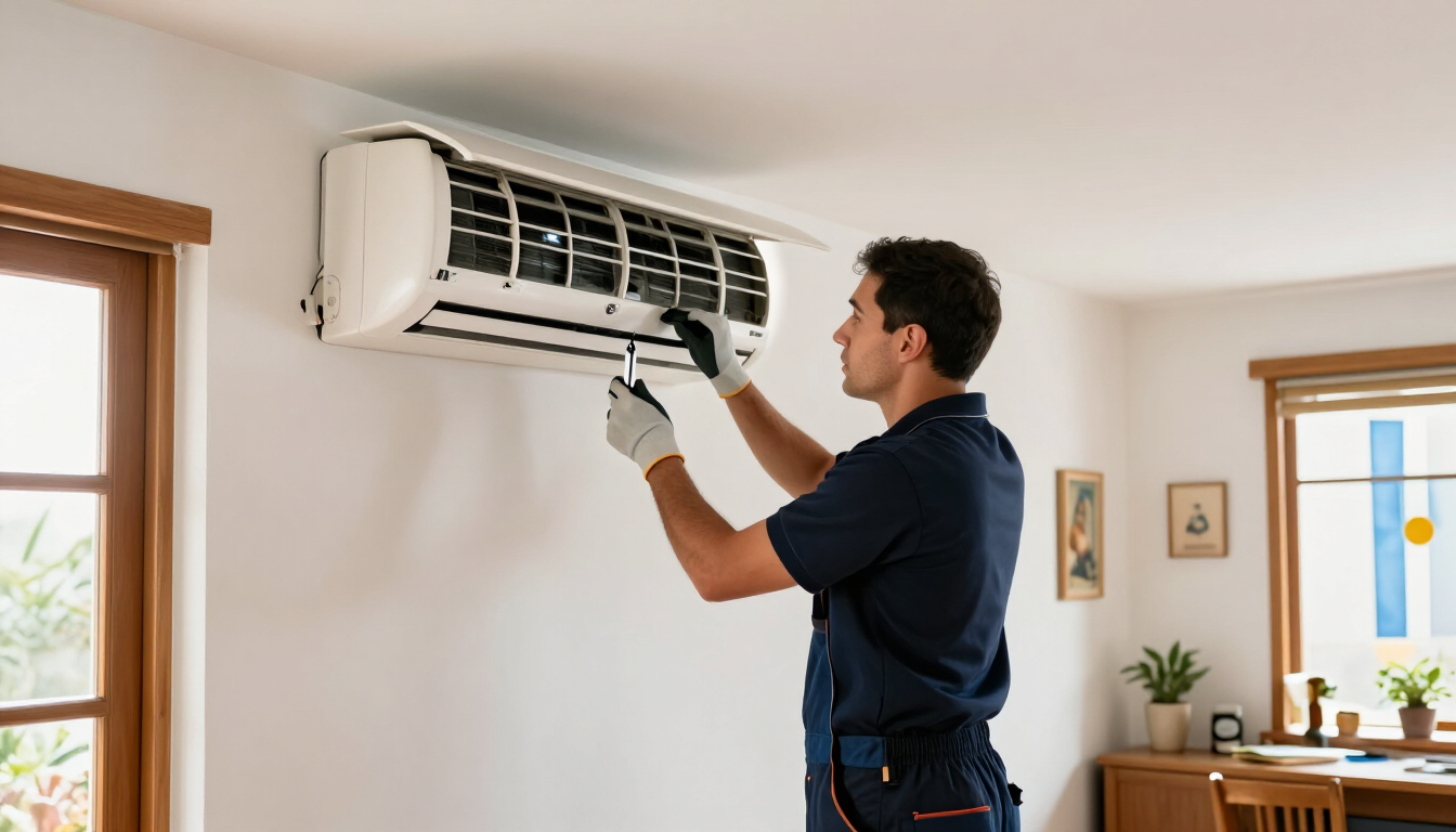 Técnico cambiando los filtros de un aire acondicionado de pared en una habitación luminosa