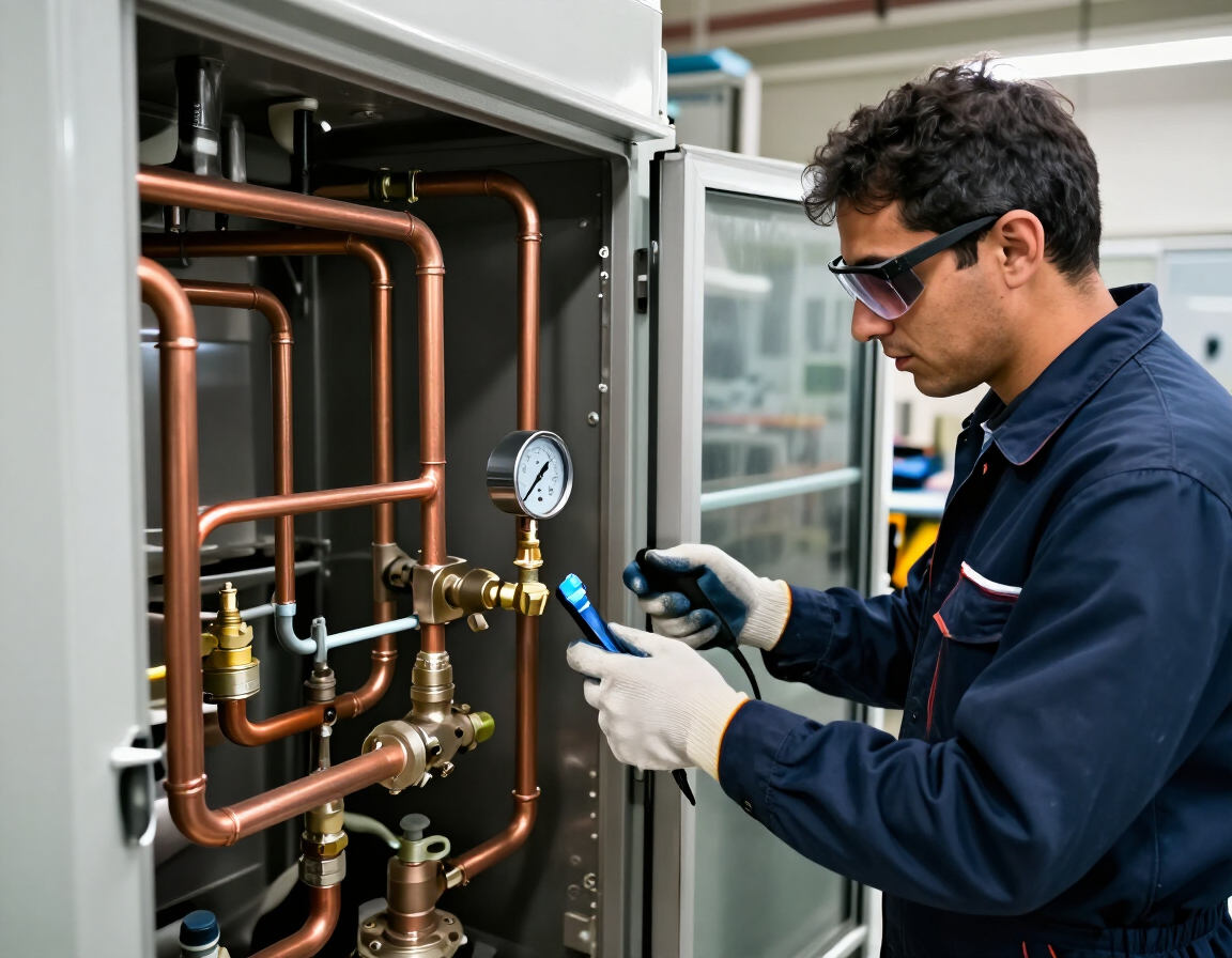 Técnico inspeccionando tuberías de cobre y un manómetro dentro de un armario de equipos industriales