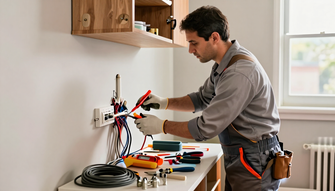 Electricista trabajando en el cableado expuesto de un enchufe de pared de la cocina, con herramientas sobre la encimera