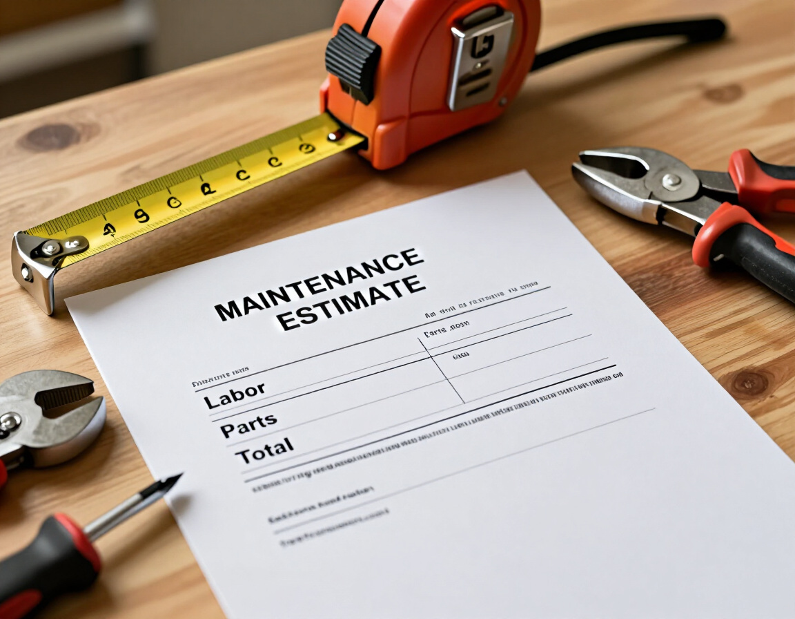 Formulario de presupuesto de mantenimiento sobre un banco de trabajo de madera, con una cinta métrica y herramientas manuales cerca.