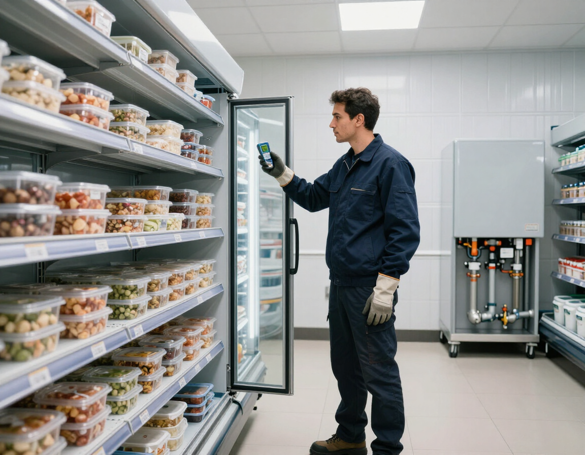 Técnico de refrigeración revisando una cámara frigorífica con bandejas de alimentos envasados.