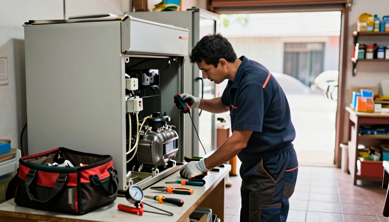 Un técnico reparando maquinaria en un banco de trabajo de un taller, con herramientas colocadas cerca.