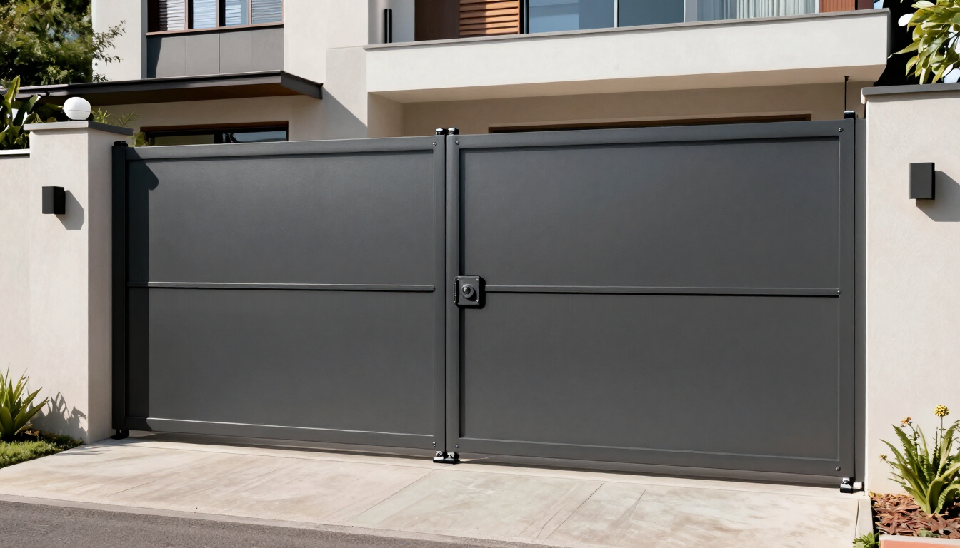 Moderno portón metálico gris para entrada de vehículos, delante de una casa