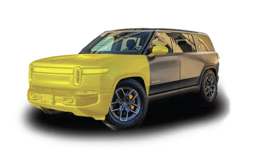 Yellow SUV-style concept vehicle with black lower body and tinted windows on a white background