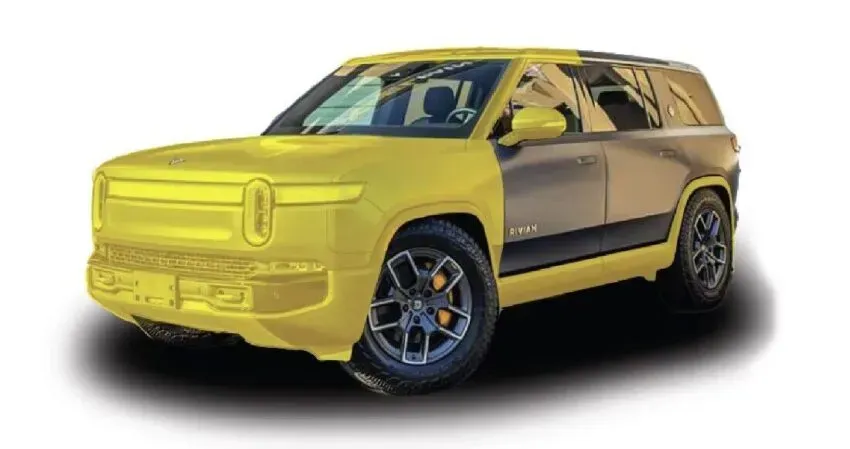 Yellow futuristic SUV concept car in side view on a white background