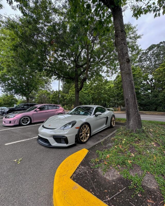 Two sports cars parked under trees, including a white Porsche in the foreground and a pink car behind.