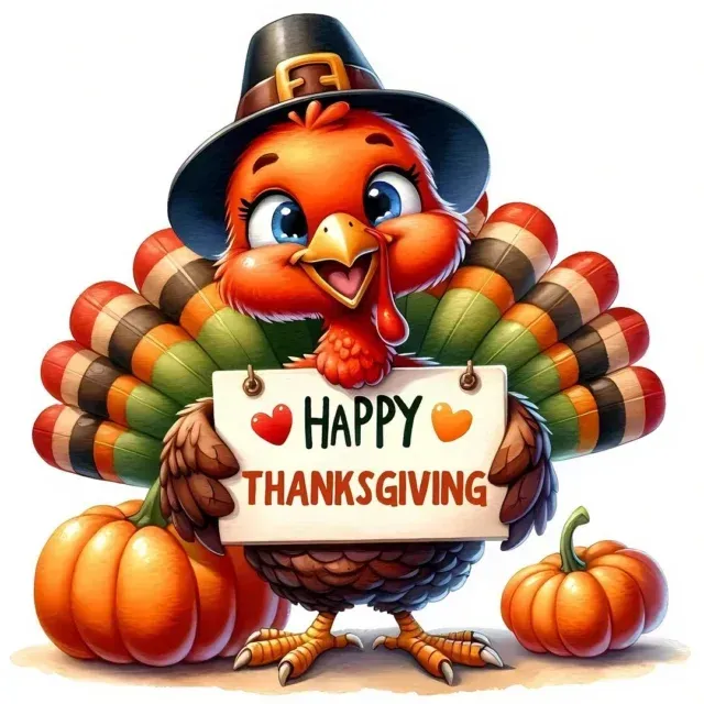 Cartoon turkey with pilgrim hat holding “Happy Thanksgiving” sign, surrounded by pumpkins and cornucopia harvest foods