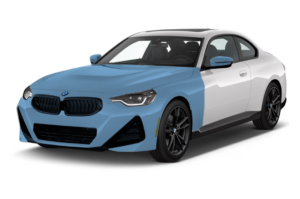 Blue and white BMW sports coupe on a white background