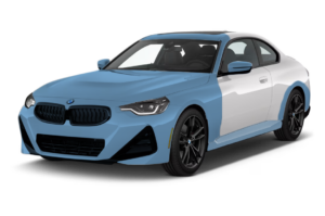 Blue and white BMW coupe on a white background