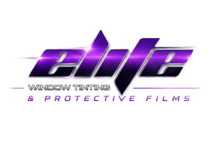 Purple “elite” logo with text “window tinting & protective films” on white background