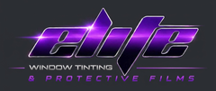 Purple “Elite Window Tinting & Protective Films” logo on a dark background