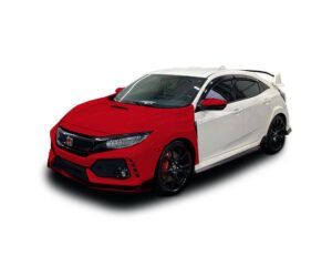 Red and white sports hatchback car on a white background