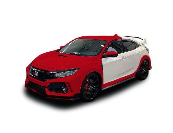 Red and white sports hatchback car on a white background