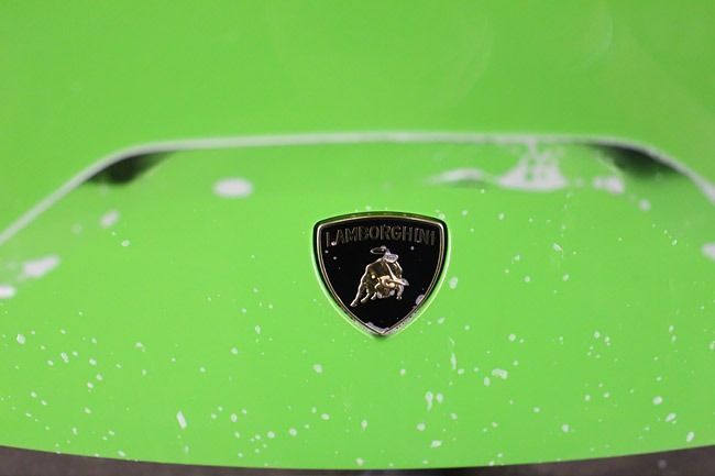 Close-up of a bright green Lamborghini hood with the gold bull emblem centered