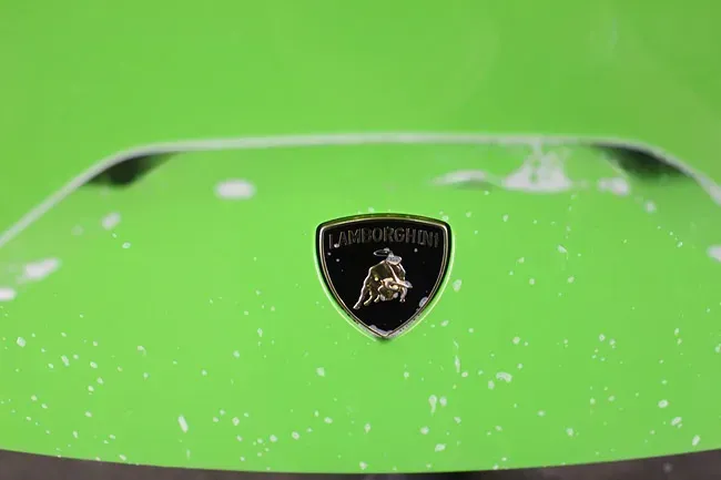 Green Lamborghini hood with emblem and white specks of dust